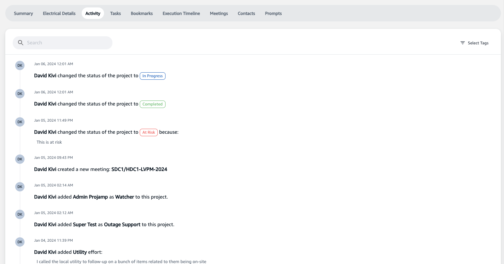 Project Details Activity Tab